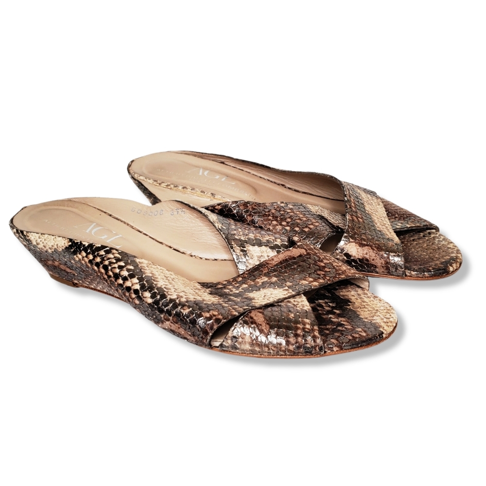 AGL Attilio Giusti Leombruni Snake Embossed Leather Crisscross Slides Low Wedge